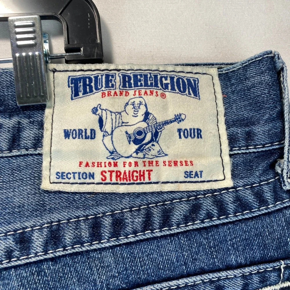 True Religion Straight W Flap Basic Mens 36 Blue Denim Jeans Contrast Stitching